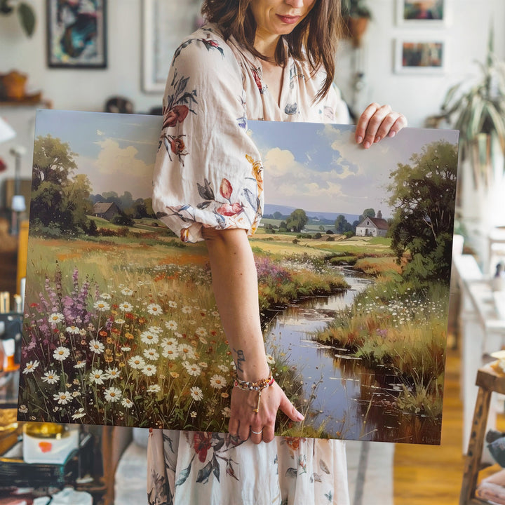 Impressionist Countryside Canvas – Wildflower Stream & Thatched Cottage Art - Gifitto