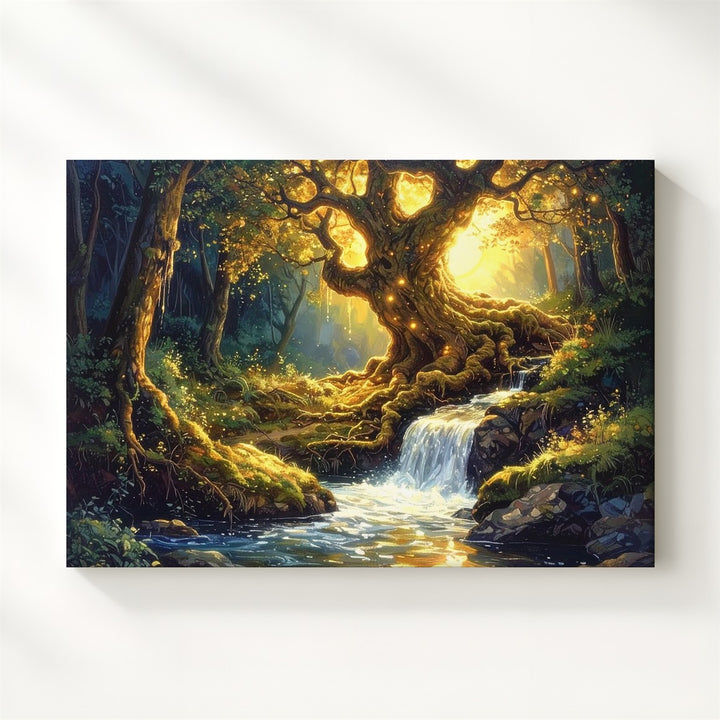 Enchanted Glowing Tree Canvas – Mystical Forest Waterfall & Magical Light Art - Gifitto