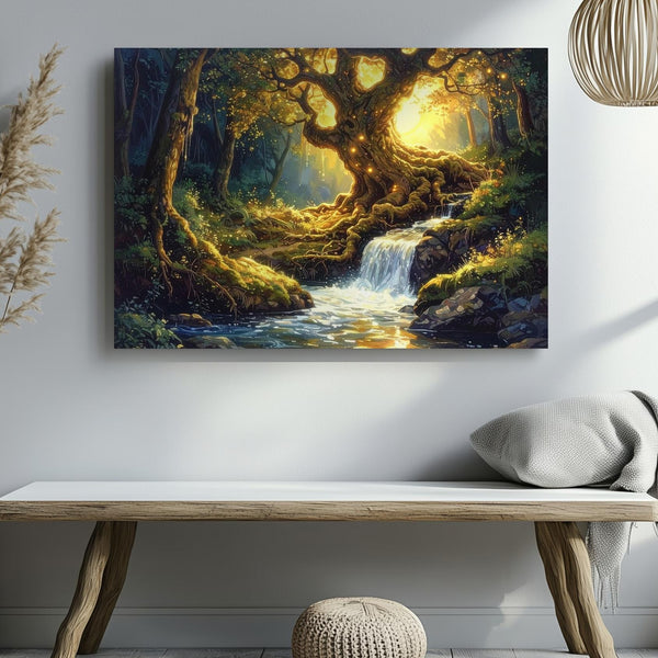 Enchanted Glowing Tree Canvas – Mystical Forest Waterfall & Magical Light Art - Gifitto