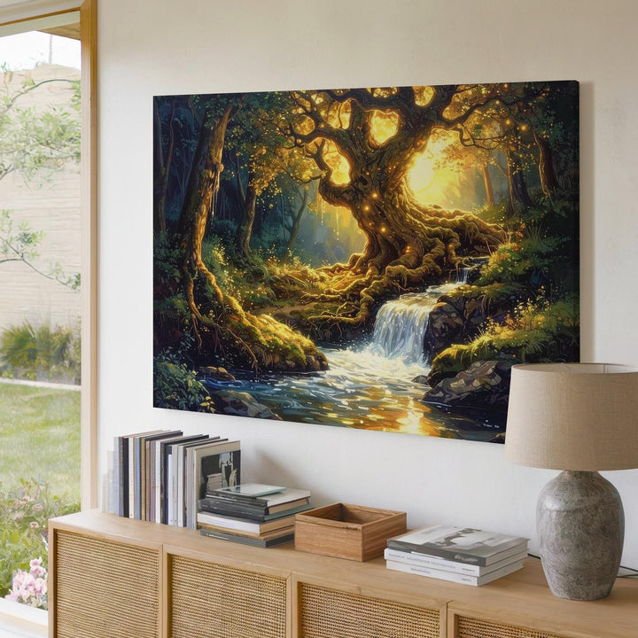 Enchanted Glowing Tree Canvas – Mystical Forest Waterfall & Magical Light Art - Gifitto