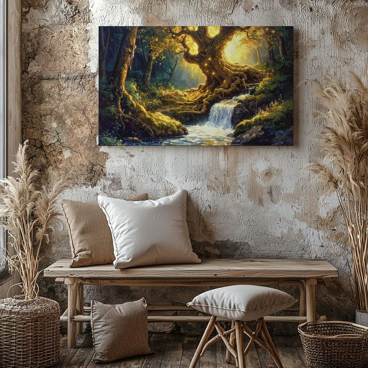 Enchanted Glowing Tree Canvas – Mystical Forest Waterfall & Magical Light Art - Gifitto