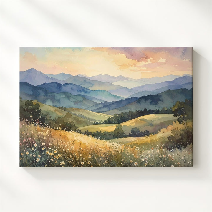 Pastel Horizon Canvas – Watercolor Mountainscape with Wildflowers - Gifitto