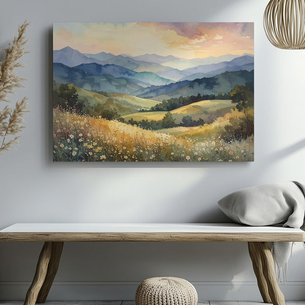 Pastel Horizon Canvas – Watercolor Mountainscape with Wildflowers - Gifitto
