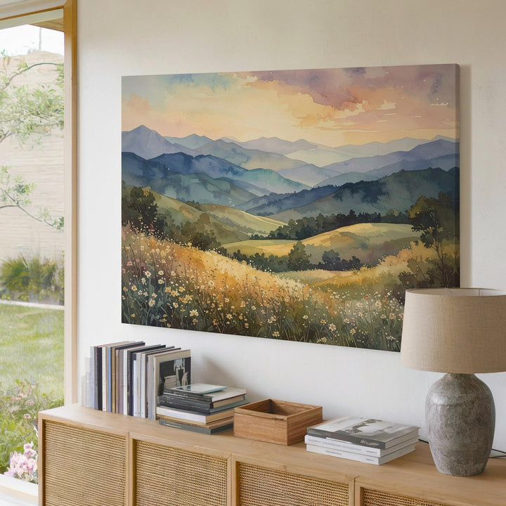 Pastel Horizon Canvas – Watercolor Mountainscape with Wildflowers - Gifitto