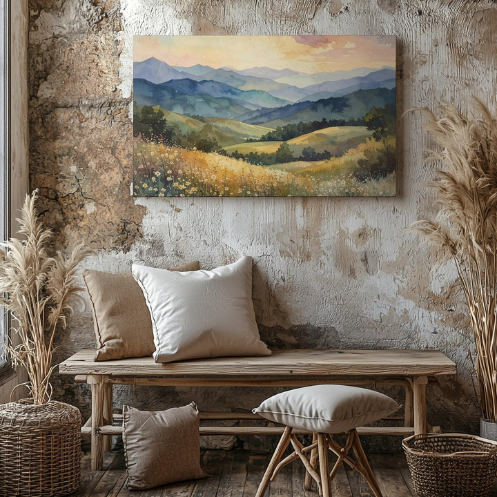 Pastel Horizon Canvas – Watercolor Mountainscape with Wildflowers - Gifitto