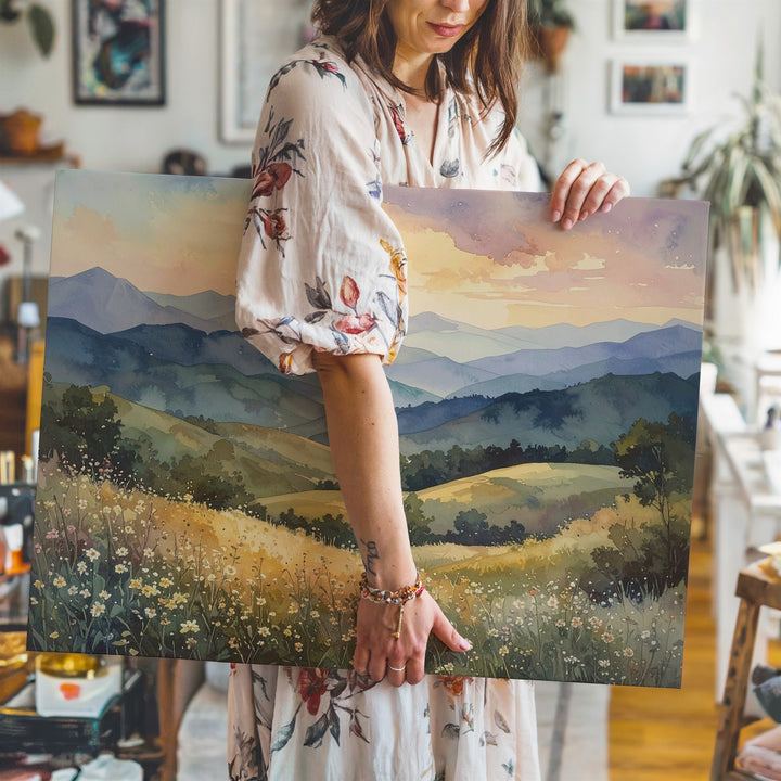 Pastel Horizon Canvas – Watercolor Mountainscape with Wildflowers - Gifitto