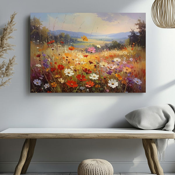 Golden Bloom Horizon – Radiant Wildflower Meadow Canvas Wall Art - Gifitto
