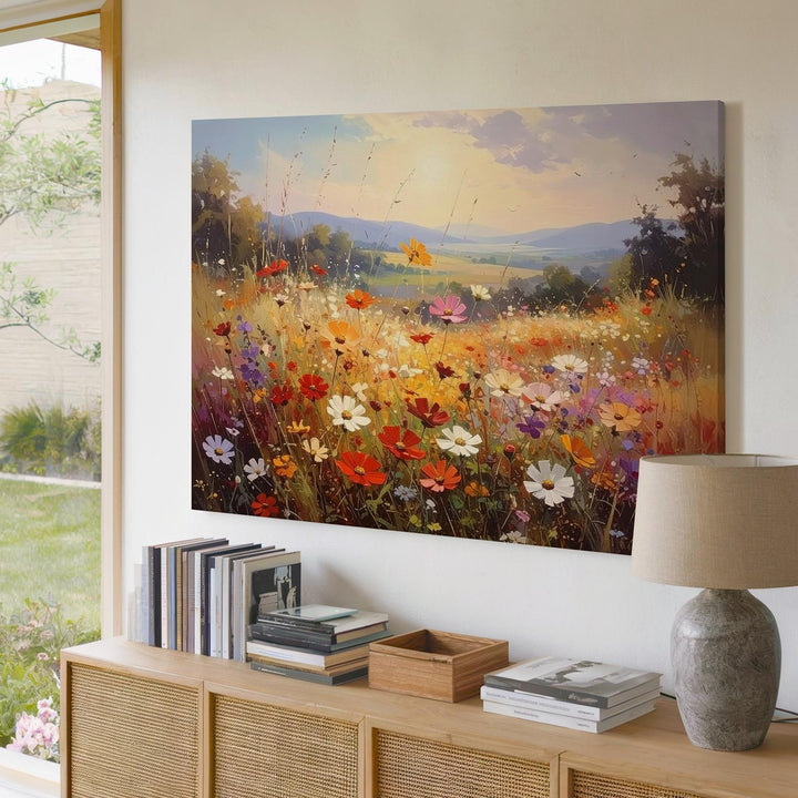 Golden Bloom Horizon – Radiant Wildflower Meadow Canvas Wall Art - Gifitto