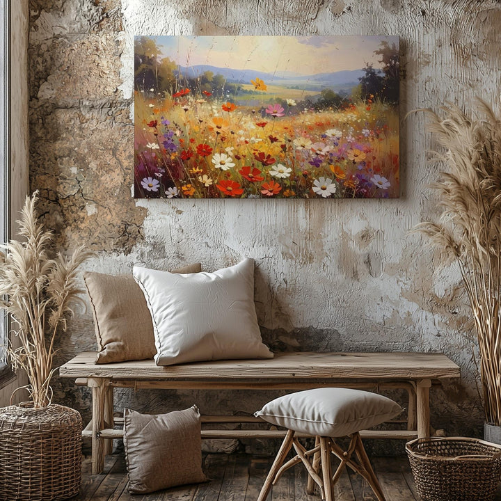 Golden Bloom Horizon – Radiant Wildflower Meadow Canvas Wall Art - Gifitto