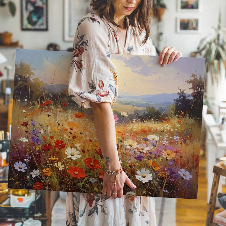 Golden Bloom Horizon – Radiant Wildflower Meadow Canvas Wall Art - Gifitto