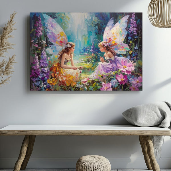 Whimsical Fairy Garden Canvas – Enchanted Forest with Colorful Wings & Flowers - Gifitto