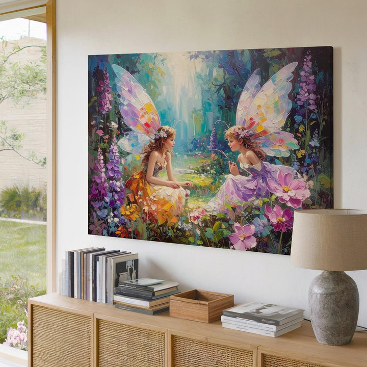 Whimsical Fairy Garden Canvas – Enchanted Forest with Colorful Wings & Flowers - Gifitto