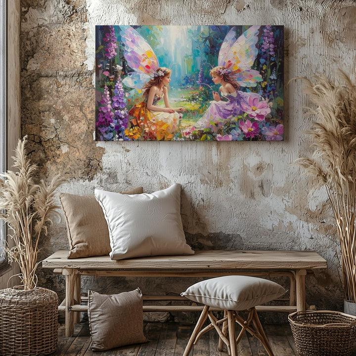 Whimsical Fairy Garden Canvas – Enchanted Forest with Colorful Wings & Flowers - Gifitto
