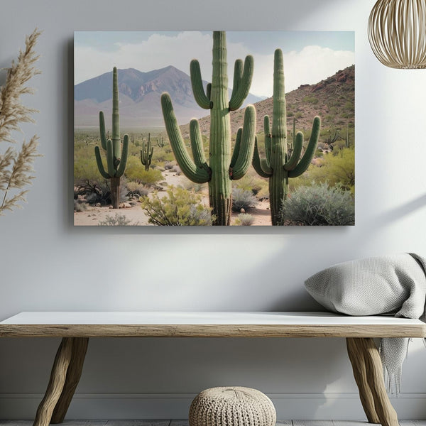 Desert Giants Canvas – Saguaro Cactus Landscape with Mountain Backdrop - Gifitto