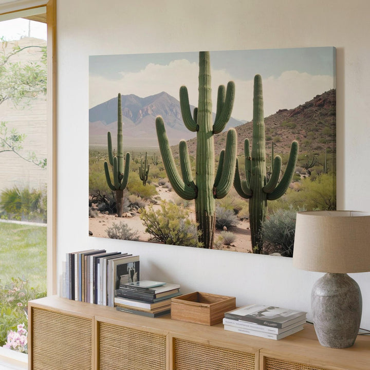 Desert Giants Canvas – Saguaro Cactus Landscape with Mountain Backdrop - Gifitto