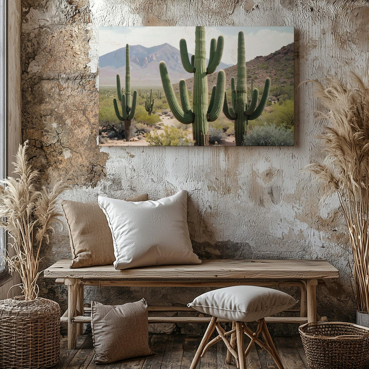 Desert Giants Canvas – Saguaro Cactus Landscape with Mountain Backdrop - Gifitto