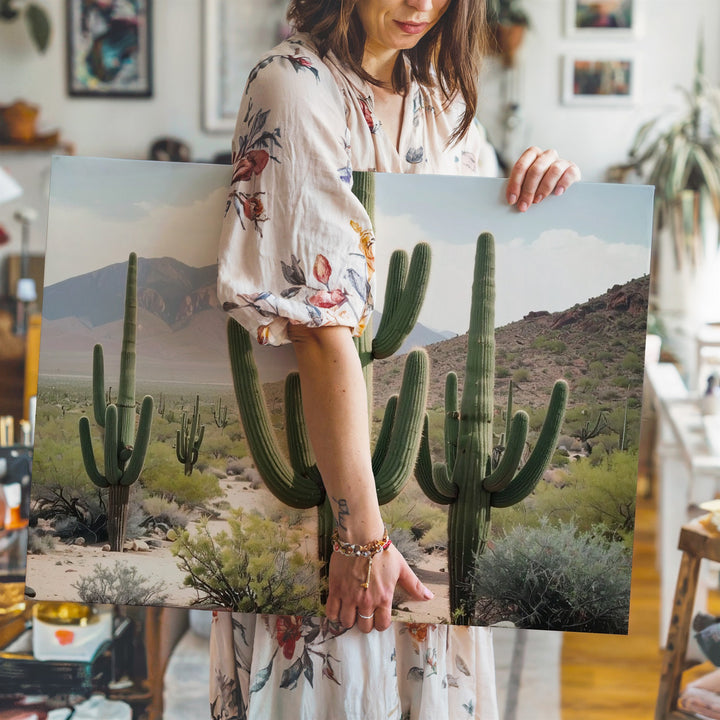 Desert Giants Canvas – Saguaro Cactus Landscape with Mountain Backdrop - Gifitto