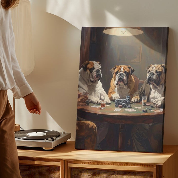 Bulldogs Playing Poker Canvas – Humorous Vintage-Inspired Dog Art - Gifitto