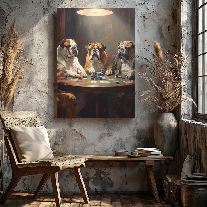 Bulldogs Playing Poker Canvas – Humorous Vintage-Inspired Dog Art - Gifitto