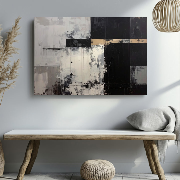 Industrial Contrast Canvas – Minimalist Abstract Art with Black and Beige Elements - Gifitto