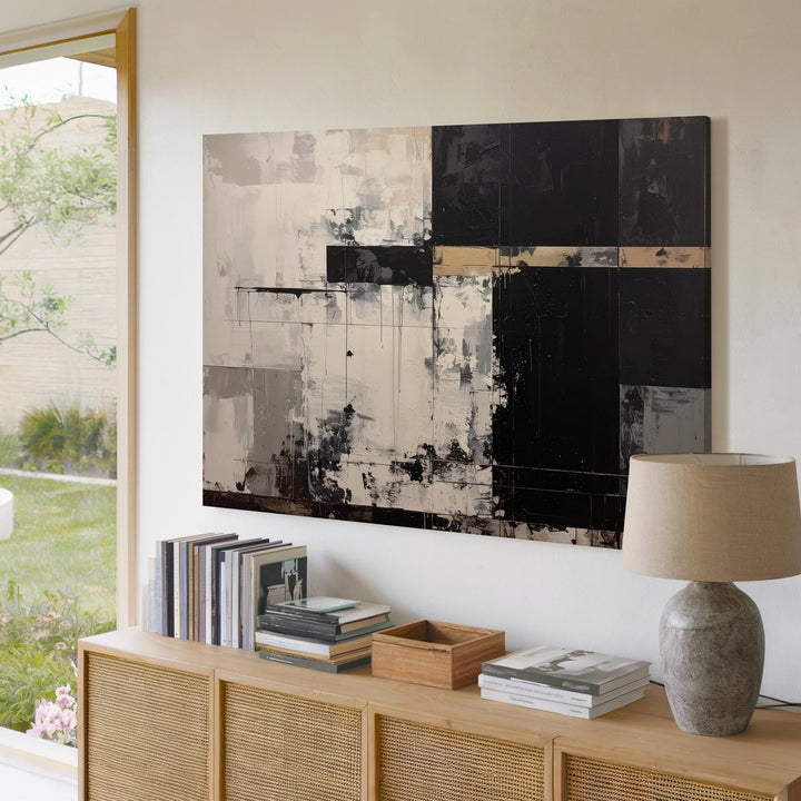 Industrial Contrast Canvas – Minimalist Abstract Art with Black and Beige Elements - Gifitto