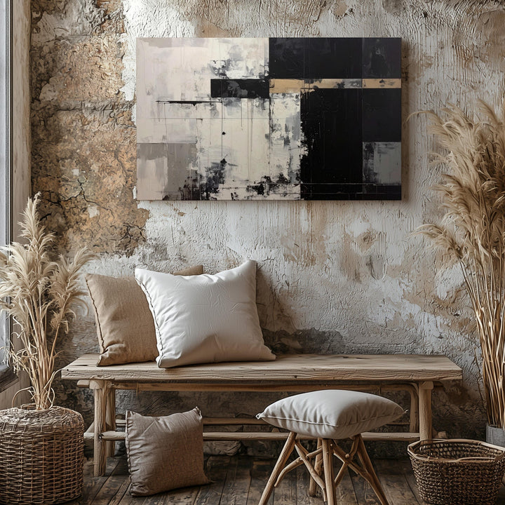 Industrial Contrast Canvas – Minimalist Abstract Art with Black and Beige Elements - Gifitto