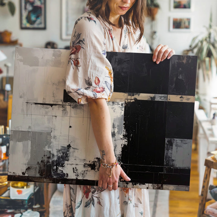 Industrial Contrast Canvas – Minimalist Abstract Art with Black and Beige Elements - Gifitto