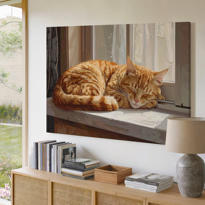 Sunlit Ginger Tabby Cat Canvas – Photorealistic Cozy Home Wall Art - Gifitto