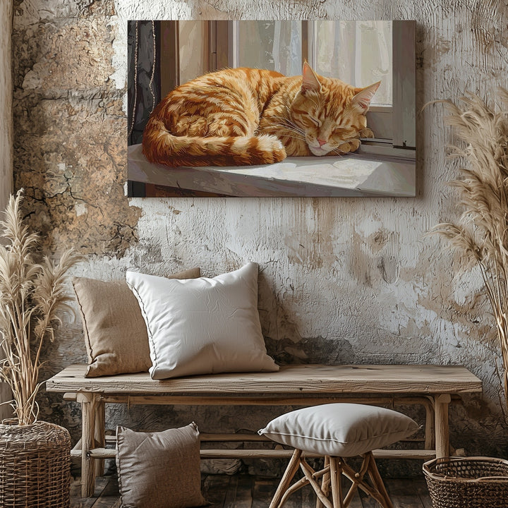 Sunlit Ginger Tabby Cat Canvas – Photorealistic Cozy Home Wall Art - Gifitto