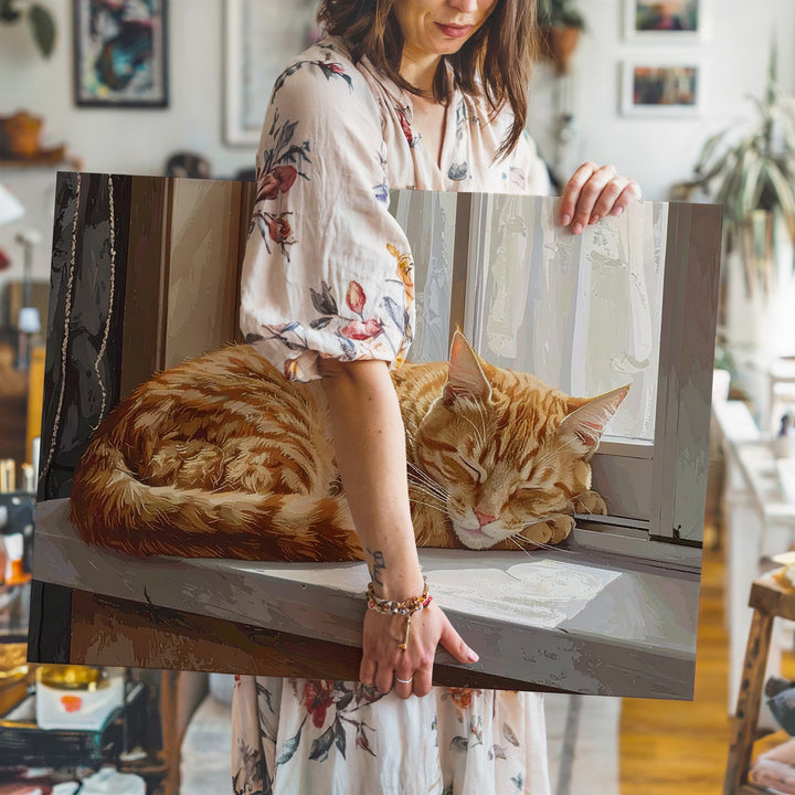 Sunlit Ginger Tabby Cat Canvas – Photorealistic Cozy Home Wall Art - Gifitto