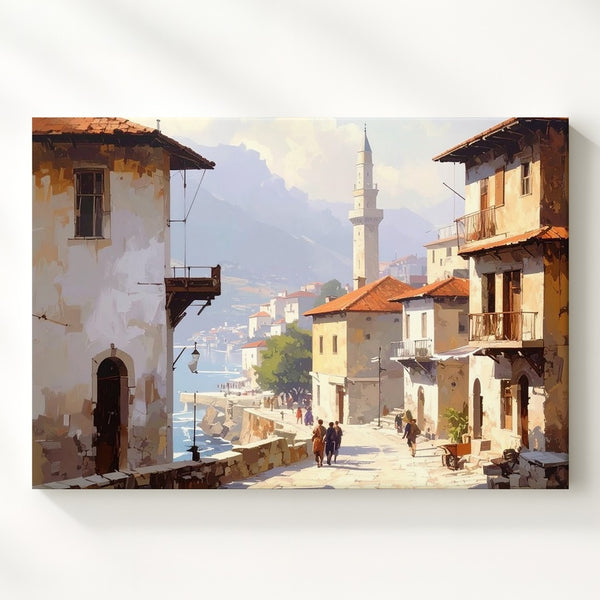 Golden Morning Street Canvas – Sunlit Old Town with Minaret and Cobblestones