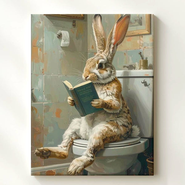 Whimsical Rabbit Reading Canvas – Fun Bathroom Wall Art - Gifitto