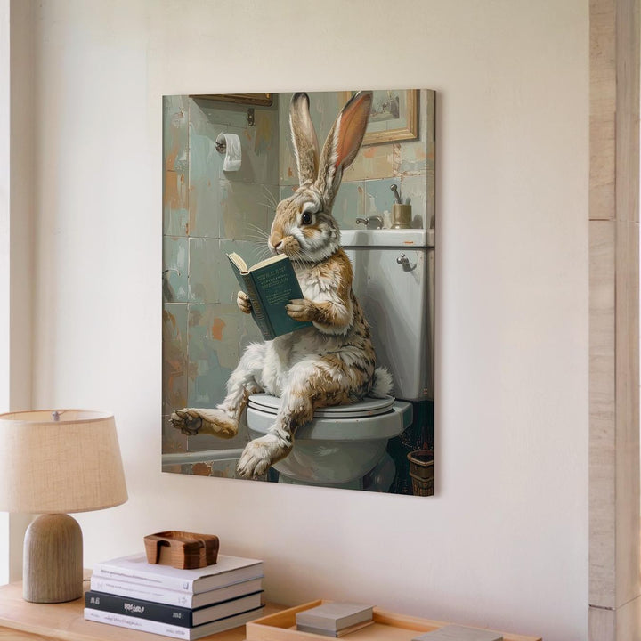 Whimsical Rabbit Reading Canvas – Fun Bathroom Wall Art - Gifitto