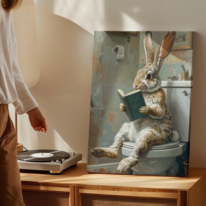 Whimsical Rabbit Reading Canvas – Fun Bathroom Wall Art - Gifitto