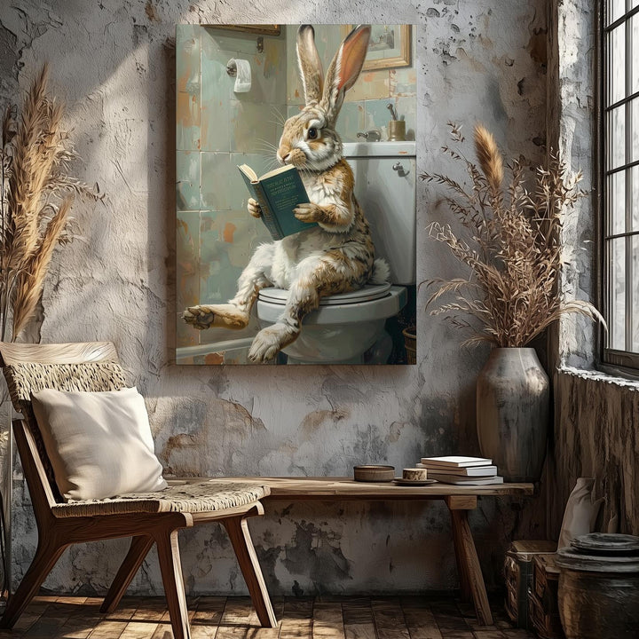 Whimsical Rabbit Reading Canvas – Fun Bathroom Wall Art - Gifitto