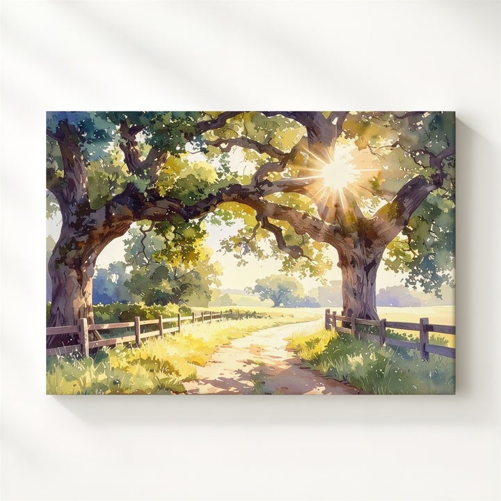 Golden Oak Path Canvas – Sunlit Country Road Watercolor Landscape Art - Gifitto