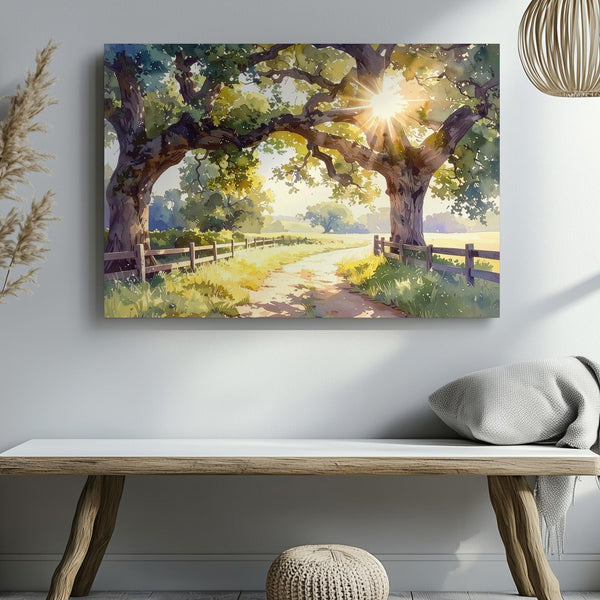 Golden Oak Path Canvas – Sunlit Country Road Watercolor Landscape Art - Gifitto