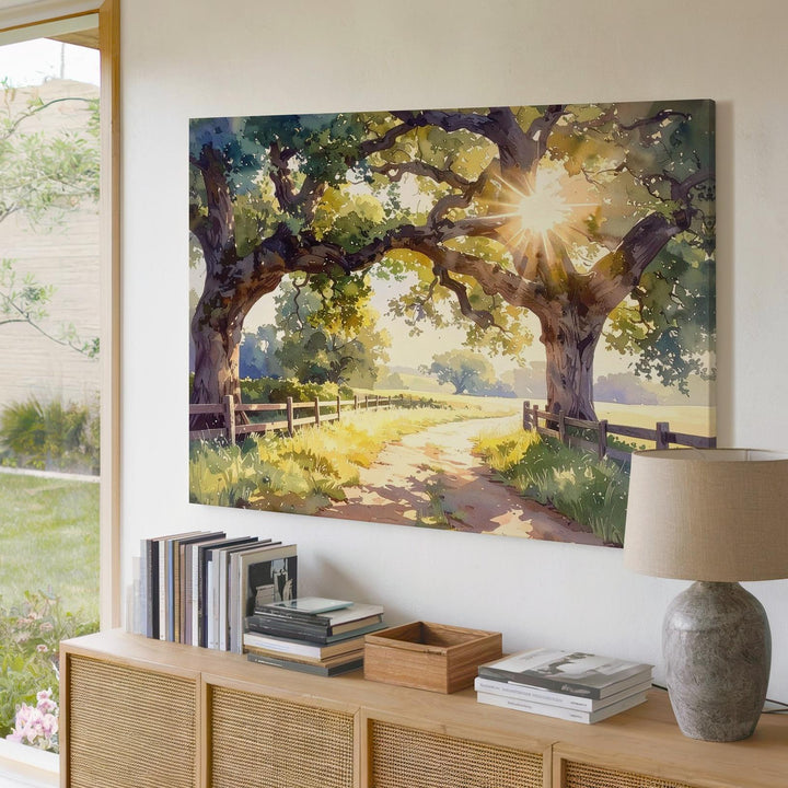 Golden Oak Path Canvas – Sunlit Country Road Watercolor Landscape Art - Gifitto
