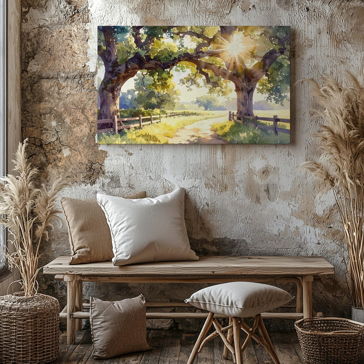 Golden Oak Path Canvas – Sunlit Country Road Watercolor Landscape Art - Gifitto