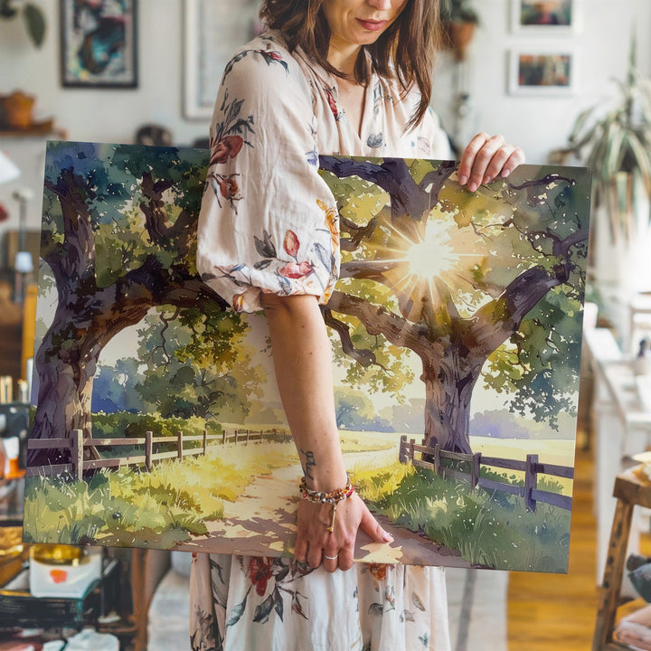 Golden Oak Path Canvas – Sunlit Country Road Watercolor Landscape Art - Gifitto