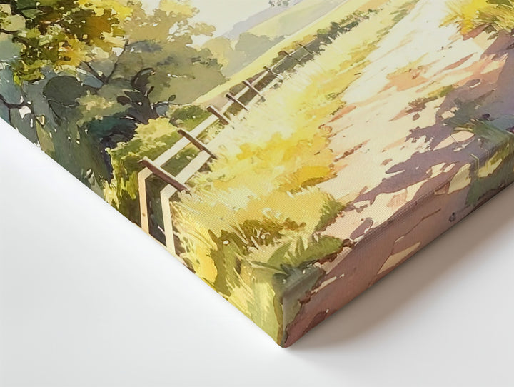 Golden Oak Path Canvas – Sunlit Country Road Watercolor Landscape Art - Gifitto