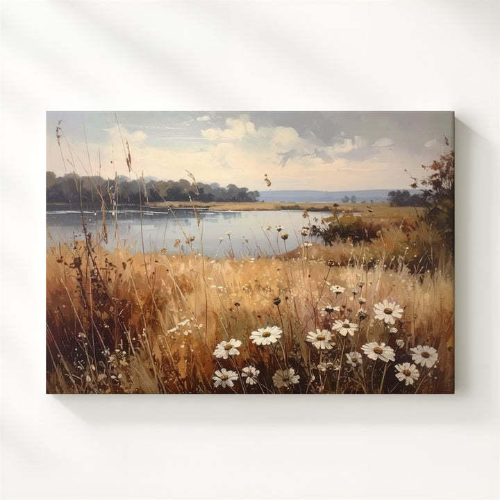 Whispering Grasses Lakeside Canvas – Muted Wildflower & Water Landscape Art - Gifitto