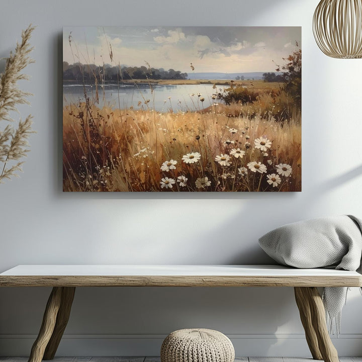 Whispering Grasses Lakeside Canvas – Muted Wildflower & Water Landscape Art - Gifitto