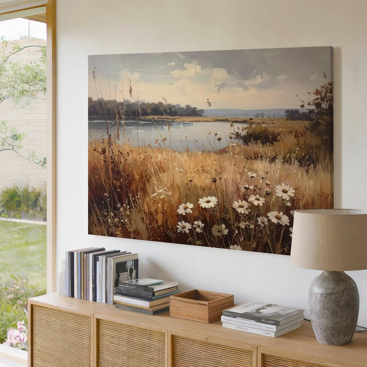 Whispering Grasses Lakeside Canvas – Muted Wildflower & Water Landscape Art - Gifitto