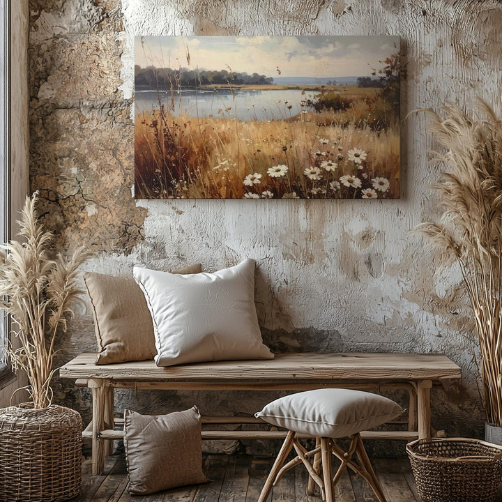 Whispering Grasses Lakeside Canvas – Muted Wildflower & Water Landscape Art - Gifitto