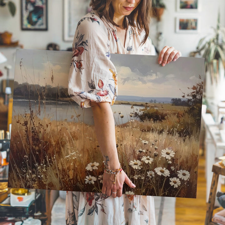 Whispering Grasses Lakeside Canvas – Muted Wildflower & Water Landscape Art - Gifitto