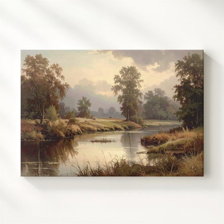 Twilight Riverbank Canvas – Moody Nature Landscape in Earthy Tones - Gifitto