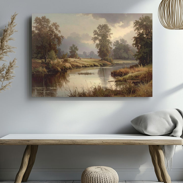 Twilight Riverbank Canvas – Moody Nature Landscape in Earthy Tones - Gifitto