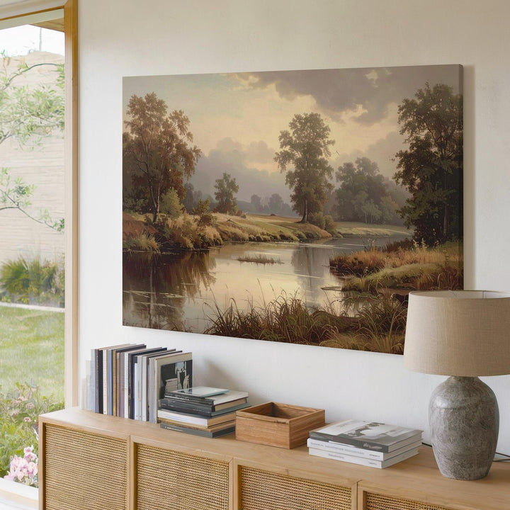 Twilight Riverbank Canvas – Moody Nature Landscape in Earthy Tones - Gifitto