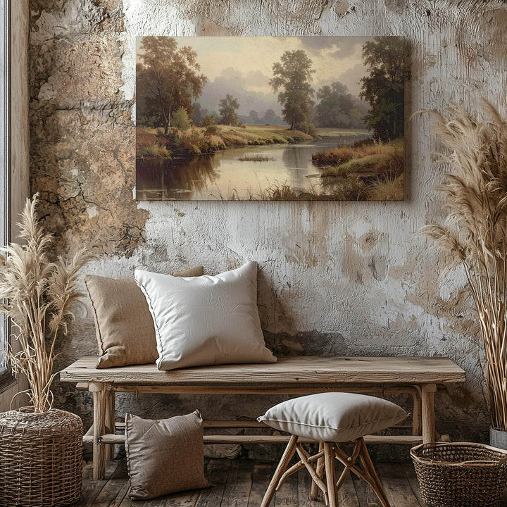 Twilight Riverbank Canvas – Moody Nature Landscape in Earthy Tones - Gifitto